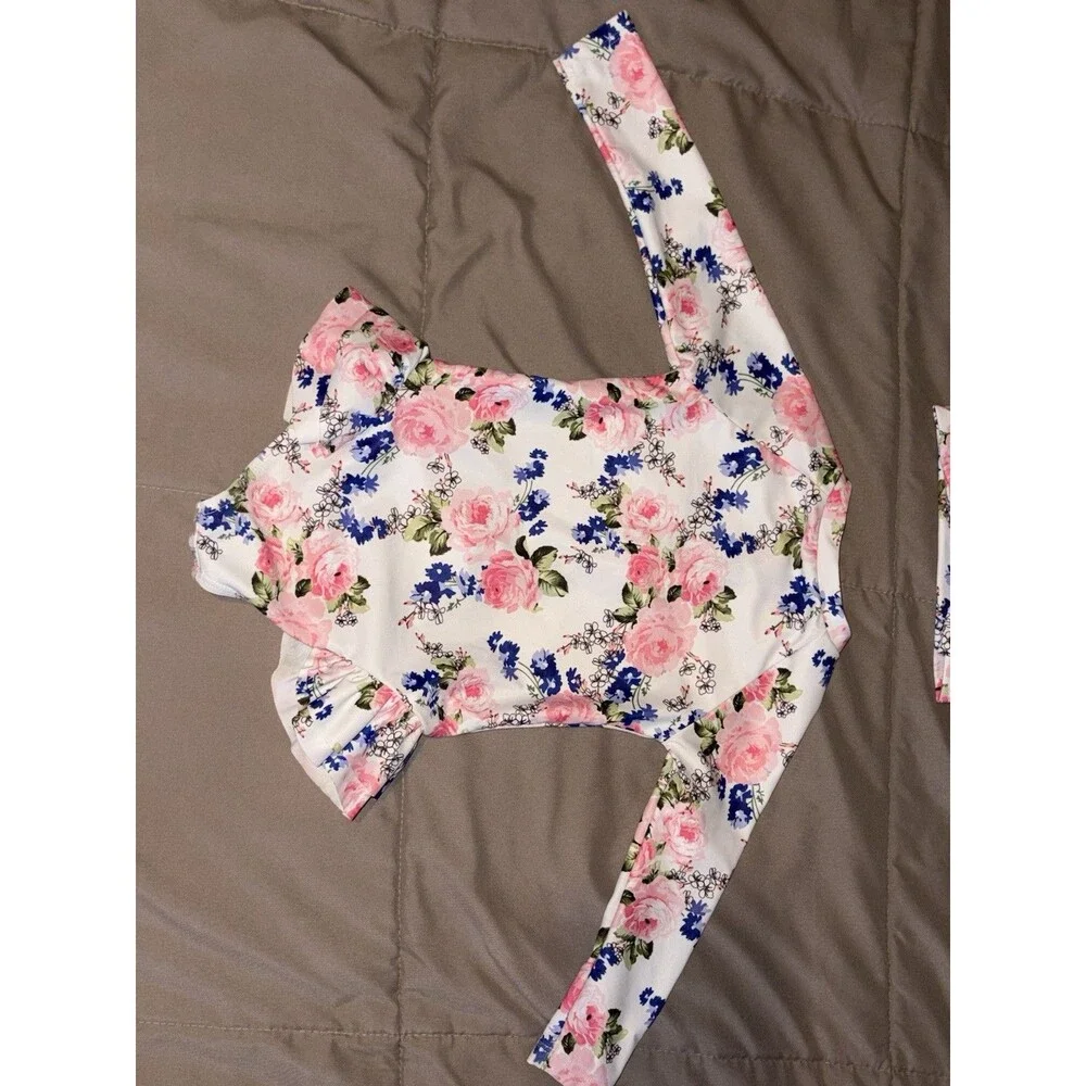 Baby Girl 12-18M Floral Long Sleeve Ruffle Swimsuit Rash Guard Headband Set